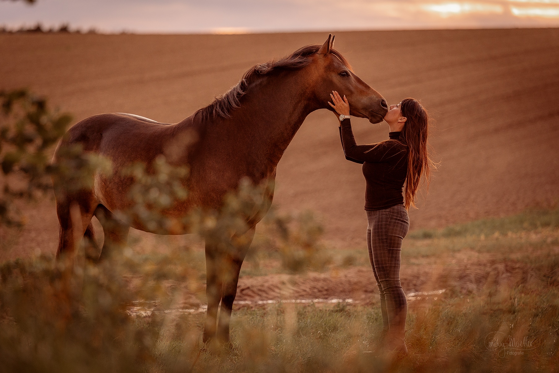Julia Steinhardt mit Pferd am Feldrand bei Oederan